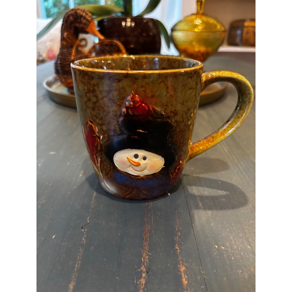 B+B Snowman and Cardinal Embossed Ceramic Coffee Mug Brown Green Glaze Holiday